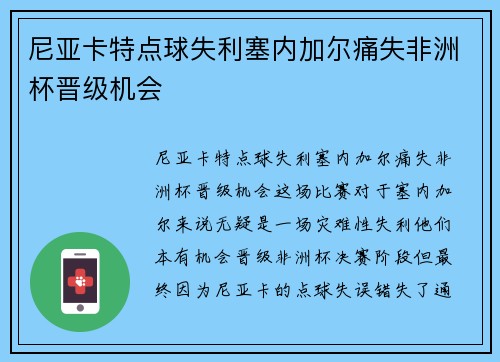 尼亚卡特点球失利塞内加尔痛失非洲杯晋级机会