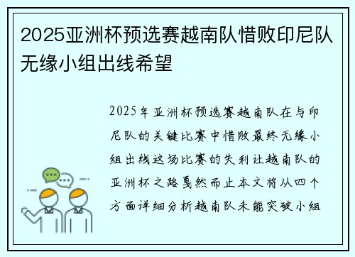 2025亚洲杯预选赛越南队惜败印尼队无缘小组出线希望 2025亚洲杯预选赛越南队惜败印尼队无缘小组出线希望